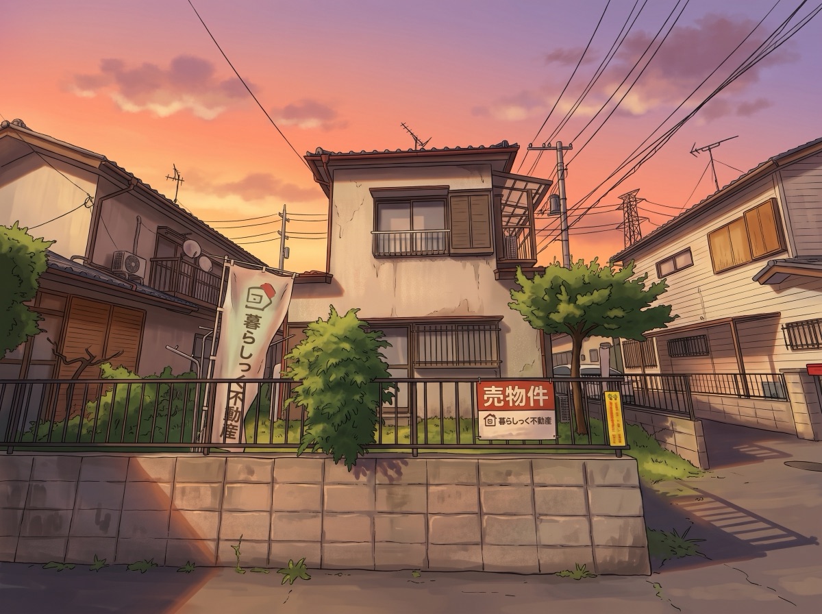 空き家と売物件の看板のイラスト